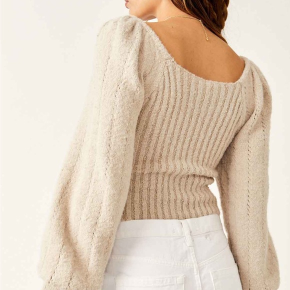 Free People Beige Ribbed Knit Puff Sleeve Crop Sweater Women’s XL - Picture 2 of 7
